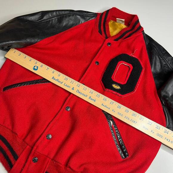 80s Vintage Kaye Bros varsity jacket red black leather sleeve wool O Chicago - Picture 7 of 12